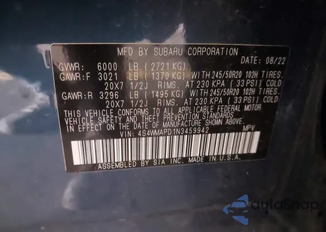 2022 Subaru Ascent Limited from USA, damaged, VIN 4S4WMAPD1N3459942